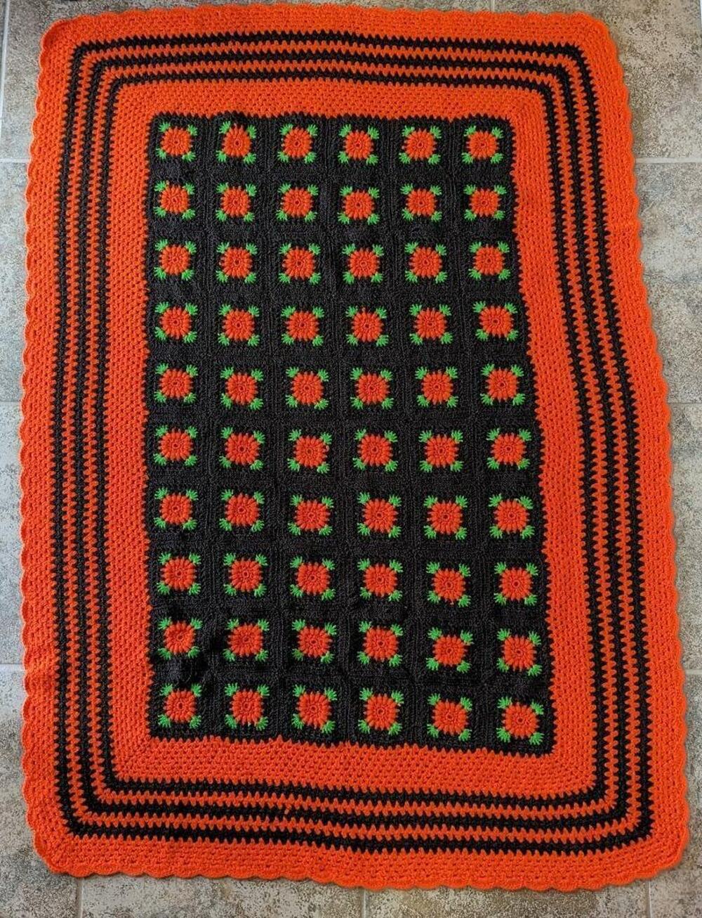 Vintage Afghan Blanket Throw 61" x 45" Granny Square Brown Orange Handmade
